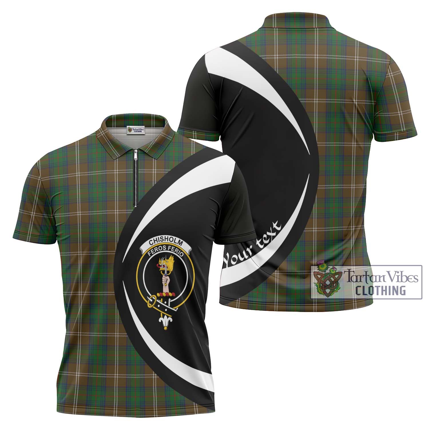 Tartan Vibes Clothing Chisholm Hunting Tartan Zipper Polo Shirt with Family Crest Circle Style