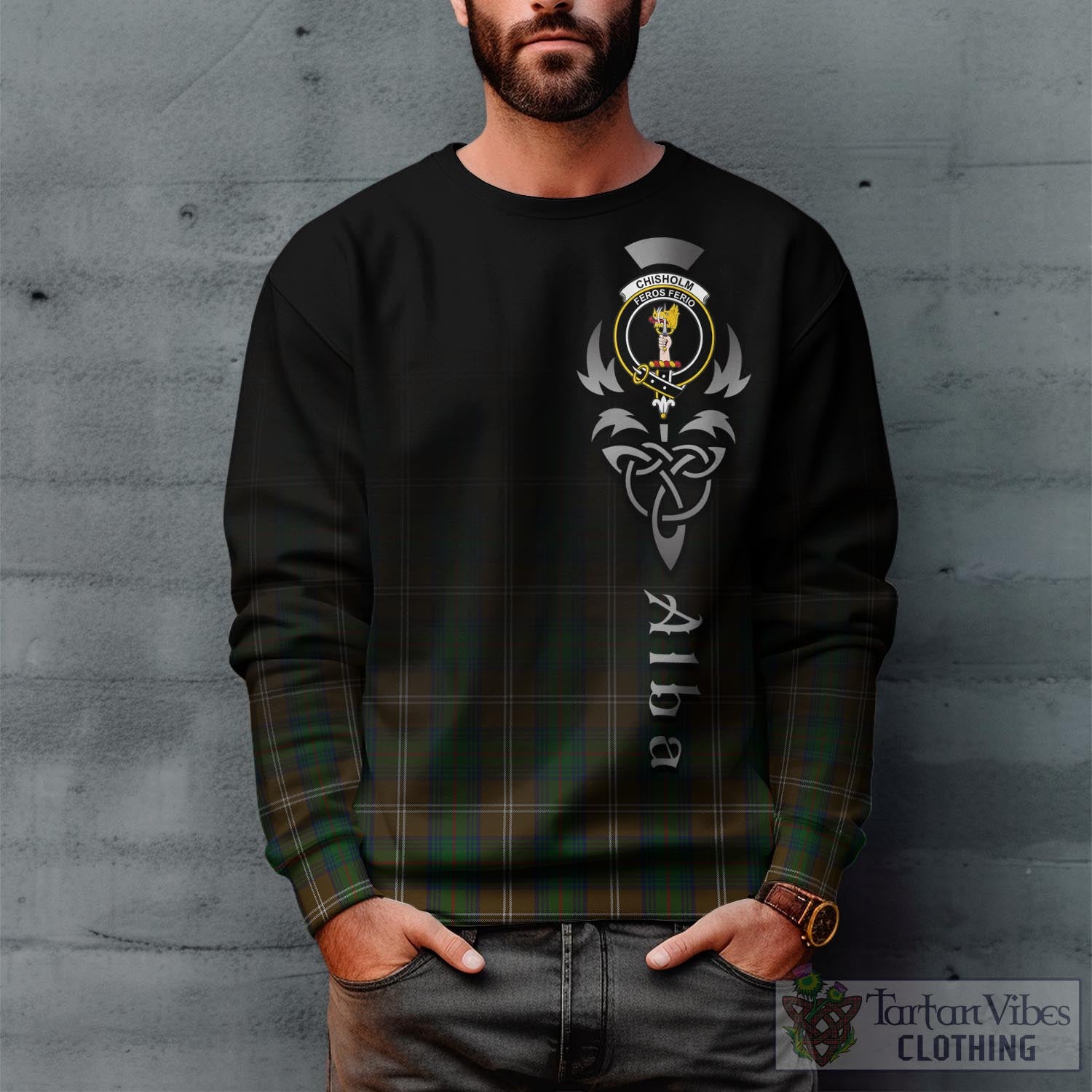 Tartan Vibes Clothing Chisholm Hunting Tartan Sweatshirt Featuring Alba Gu Brath Family Crest Celtic Inspired