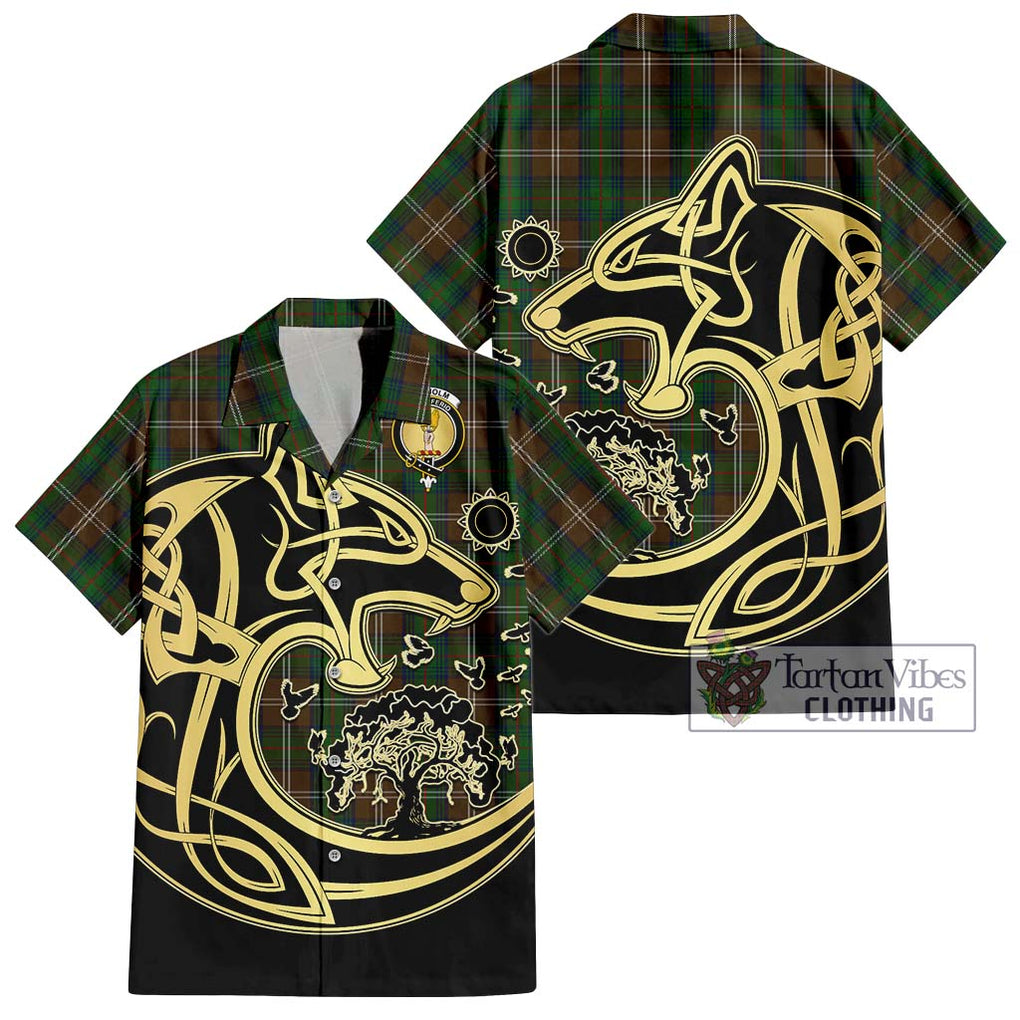 Chisholm Hunting Tartan Short Sleeve Button Shirt with Family Crest Celtic Wolf Style Kid - Tartan Vibes Clothing