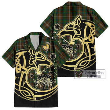 Chisholm Hunting Tartan Short Sleeve Button Shirt with Family Crest Celtic Wolf Style