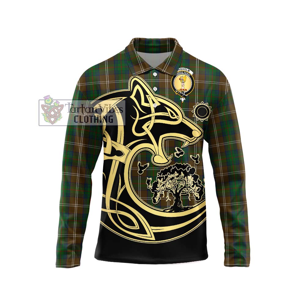 Chisholm Hunting Tartan Long Sleeve Polo Shirt with Family Crest Celtic Wolf Style Unisex - Tartanvibesclothing Shop