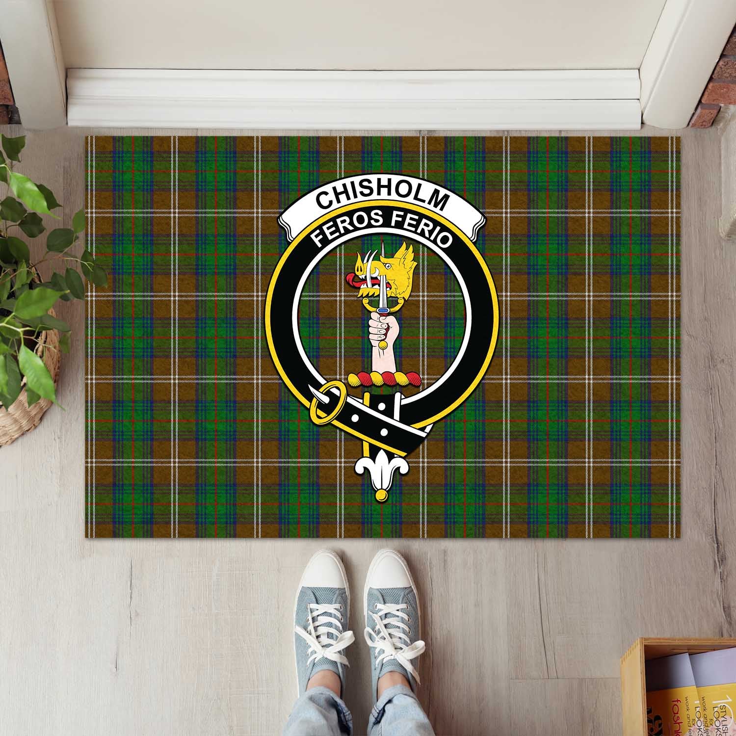 Chisholm Hunting Tartan Door Mat with Family Crest - Tartanvibesclothing