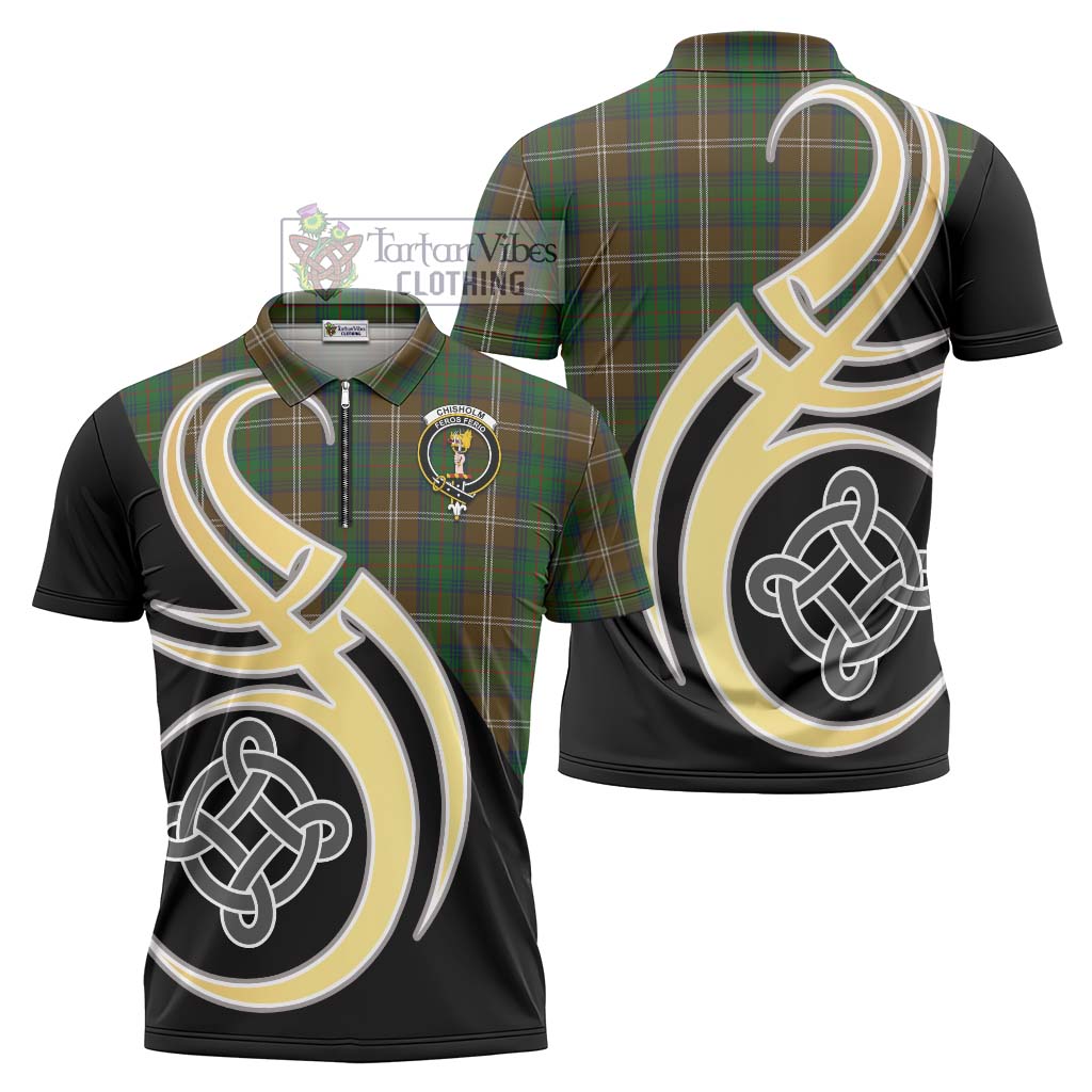 Tartan Vibes Clothing Chisholm Hunting Tartan Zipper Polo Shirt with Family Crest and Celtic Symbol Style