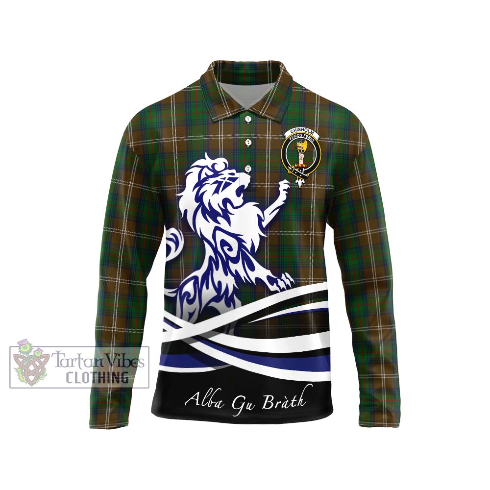 Chisholm Hunting Tartan Long Sleeve Polo Shirt with Alba Gu Brath Regal Lion Emblem Unisex - Tartanvibesclothing Shop