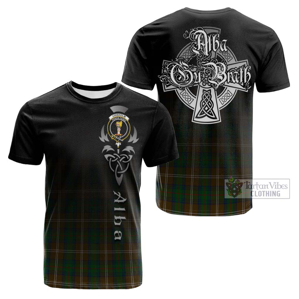 Tartan Vibes Clothing Chisholm Hunting Tartan Cotton T-shirt Featuring Alba Gu Brath Family Crest Celtic Inspired