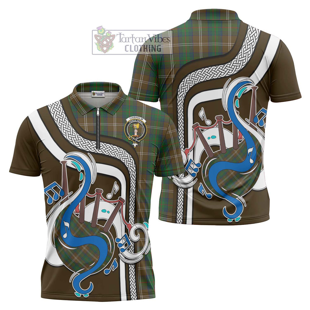 Chisholm Hunting Tartan Zipper Polo Shirt with Epic Bagpipe Style Unisex - Tartanvibesclothing Shop