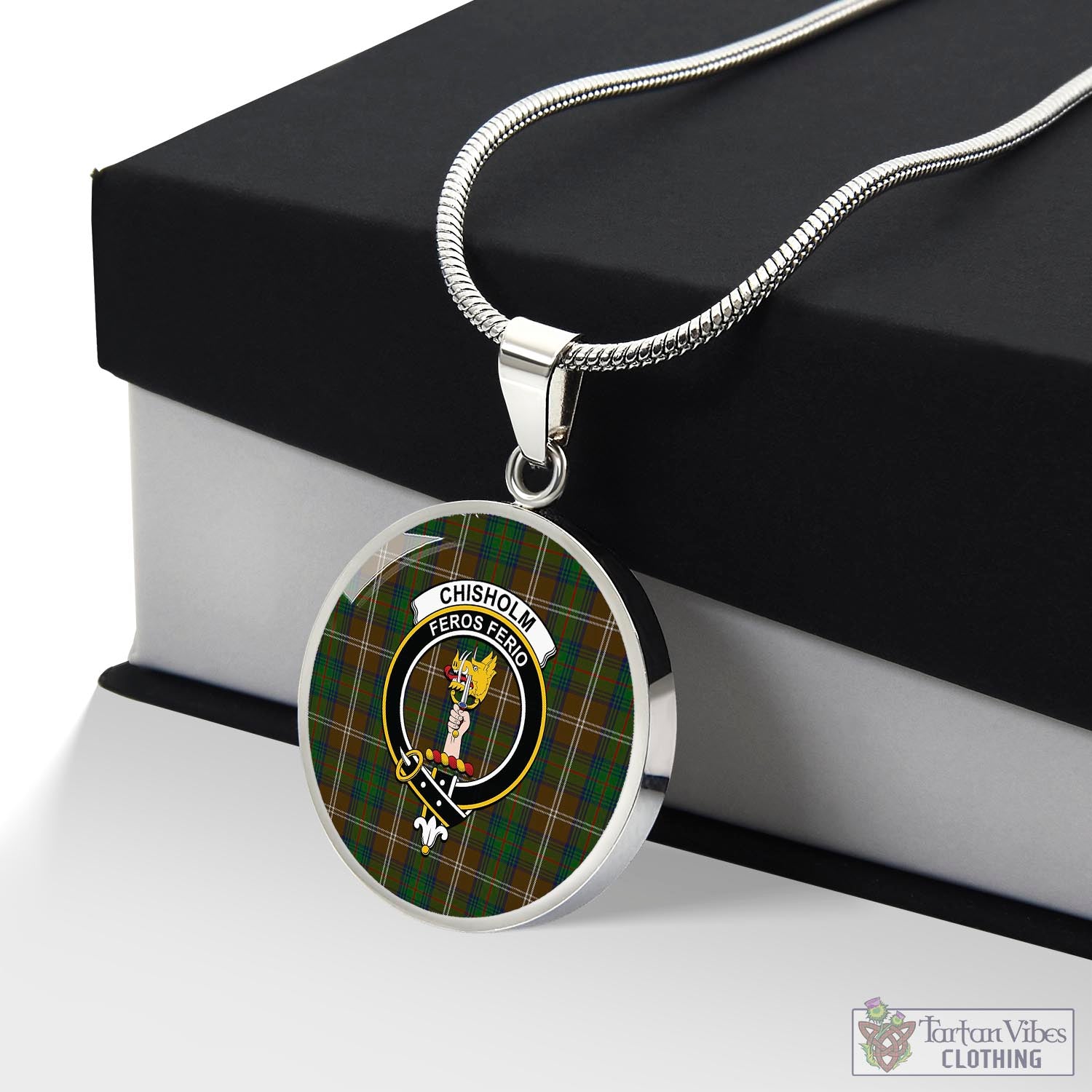 Tartan Vibes Clothing Chisholm Hunting Tartan Circle Necklace with Family Crest