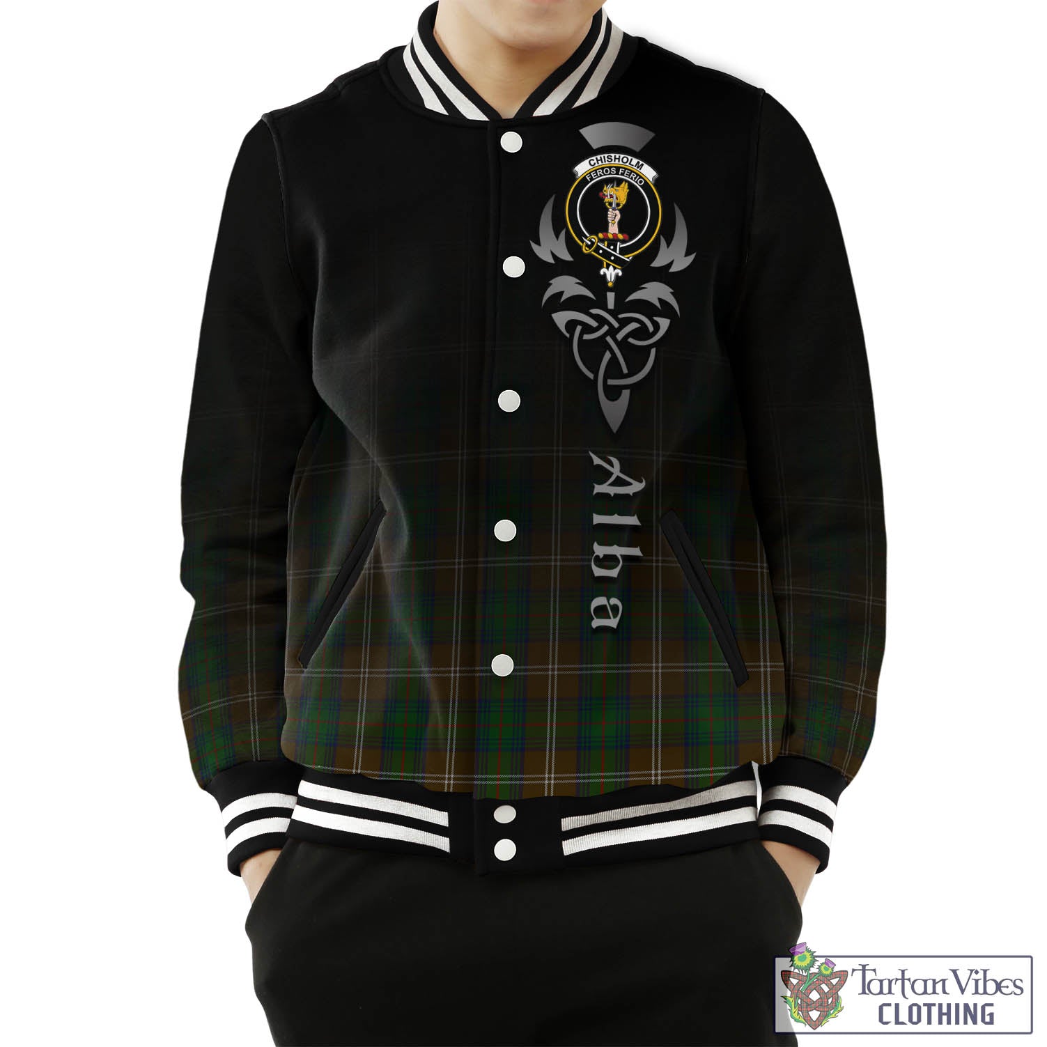 Tartan Vibes Clothing Chisholm Hunting Tartan Baseball Jacket Featuring Alba Gu Brath Family Crest Celtic Inspired