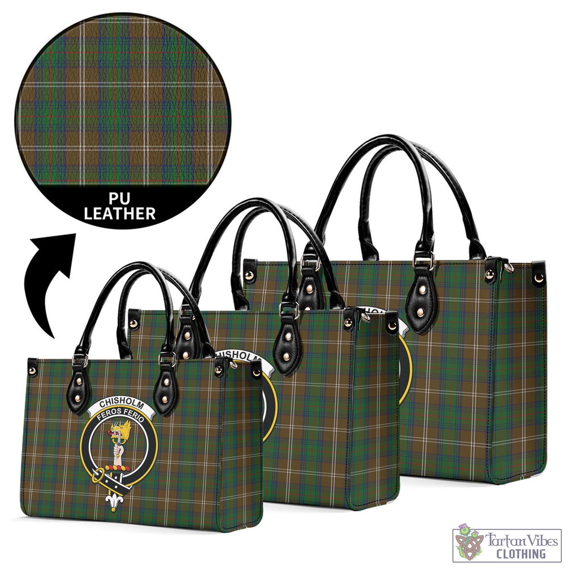 Tartan Vibes Clothing Chisholm Hunting Tartan Luxury Leather Handbags with Family Crest