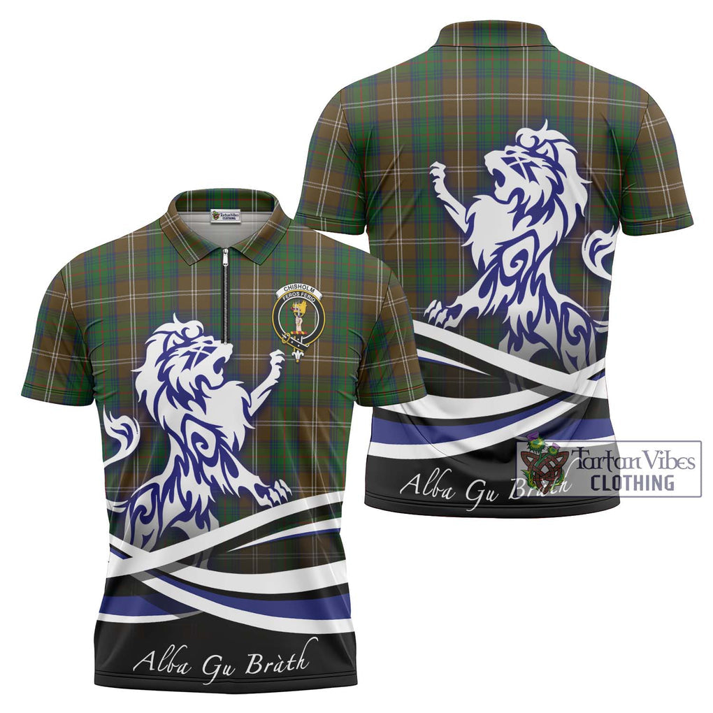 Chisholm Hunting Tartan Zipper Polo Shirt with Alba Gu Brath Regal Lion Emblem Unisex - Tartanvibesclothing Shop