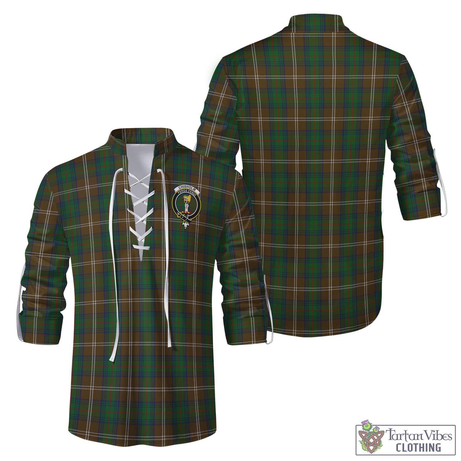 Tartan Vibes Clothing Chisholm Hunting Tartan Men's Scottish Traditional Jacobite Ghillie Kilt Shirt with Family Crest