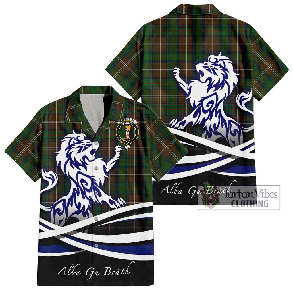 Chisholm Hunting Tartan Short Sleeve Button Shirt with Alba Gu Brath Regal Lion Emblem Kid - Tartanvibesclothing Shop