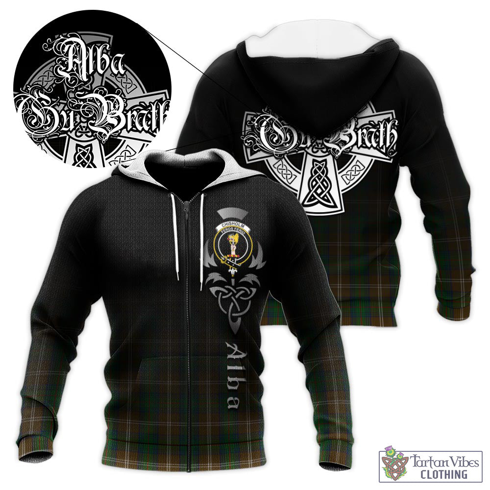 Tartan Vibes Clothing Chisholm Hunting Tartan Knitted Hoodie Featuring Alba Gu Brath Family Crest Celtic Inspired