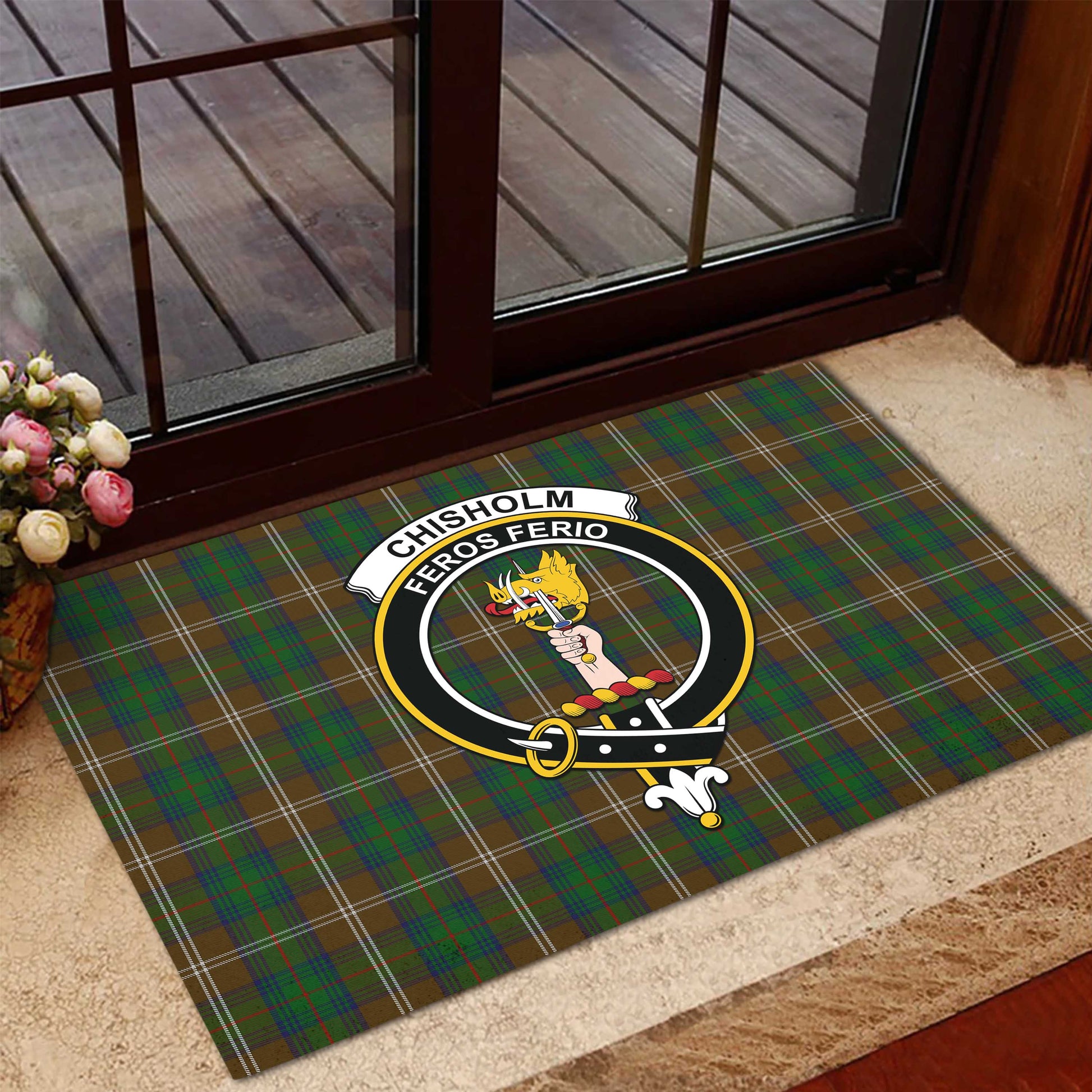 Chisholm Hunting Tartan Door Mat with Family Crest - Tartanvibesclothing