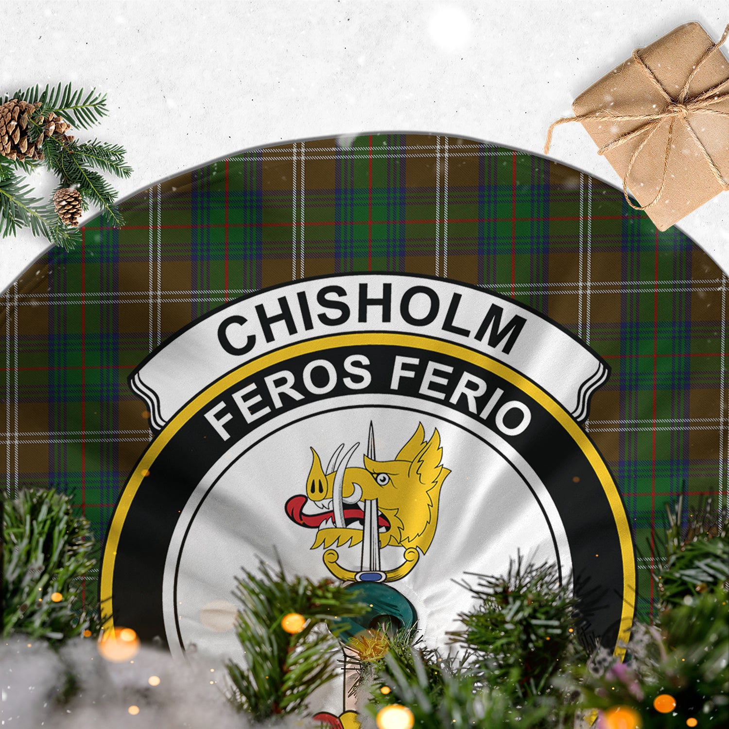 Chisholm Hunting Tartan Christmas Tree Skirt with Family Crest - Tartanvibesclothing