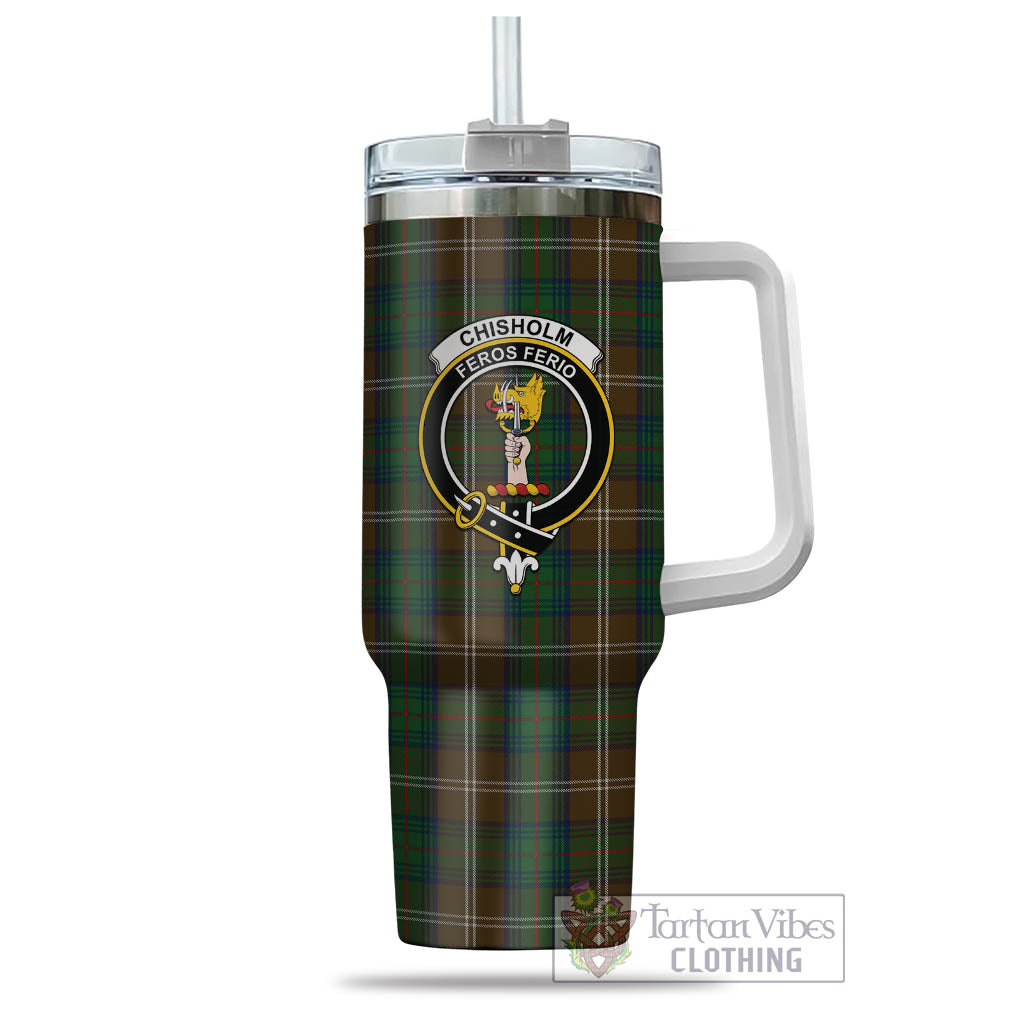 Tartan Vibes Clothing Chisholm Hunting Tartan and Family Crest Tumbler with Handle