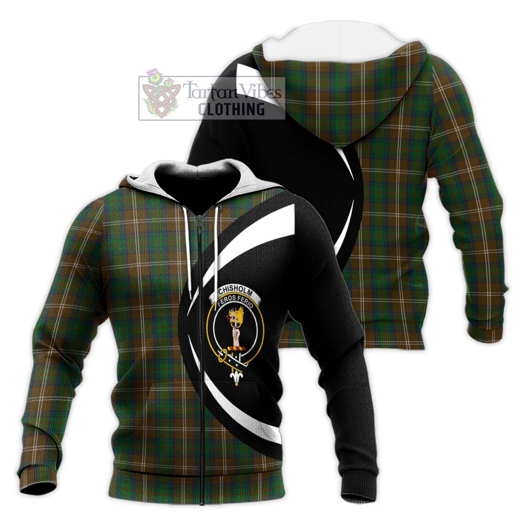 Chisholm Hunting Tartan Knitted Hoodie with Family Crest Circle Style Unisex Knitted Zip Hoodie - Tartan Vibes Clothing