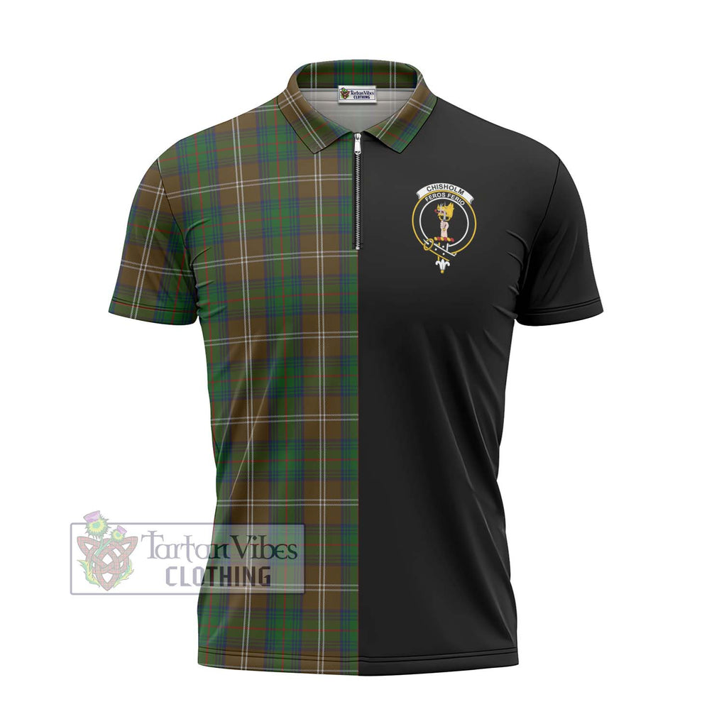 Chisholm Hunting Tartan Zipper Polo Shirt with Family Crest and Half Of Me Style - Tartanvibesclothing Shop