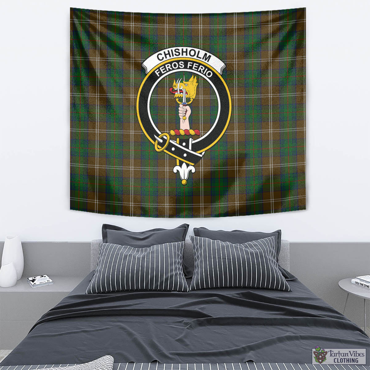 Tartan Vibes Clothing Chisholm Hunting Tartan Tapestry Wall Hanging and Home Decor for Room with Family Crest