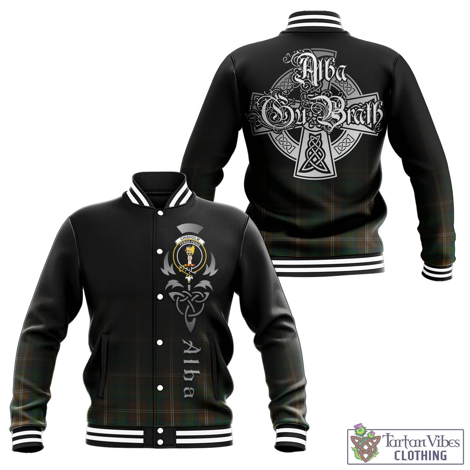 Tartan Vibes Clothing Chisholm Hunting Tartan Baseball Jacket Featuring Alba Gu Brath Family Crest Celtic Inspired