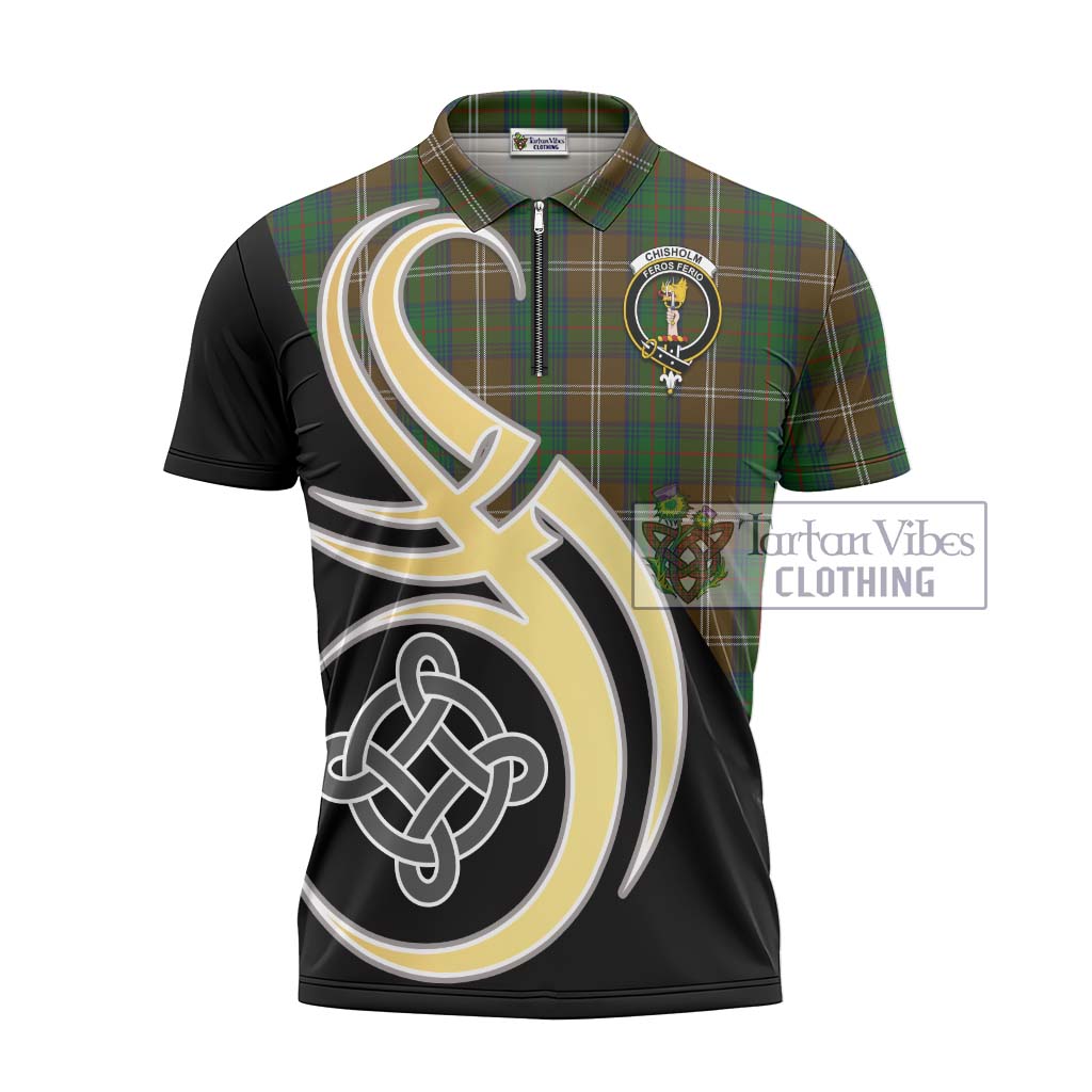 Tartan Vibes Clothing Chisholm Hunting Tartan Zipper Polo Shirt with Family Crest and Celtic Symbol Style