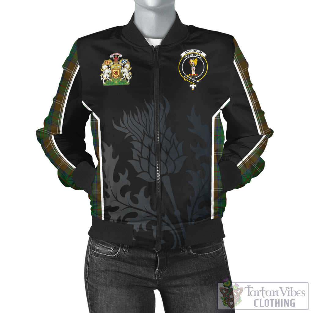 Tartan Vibes Clothing Chisholm Hunting Tartan Bomber Jacket with Family Crest and Scottish Thistle Vibes Sport Style