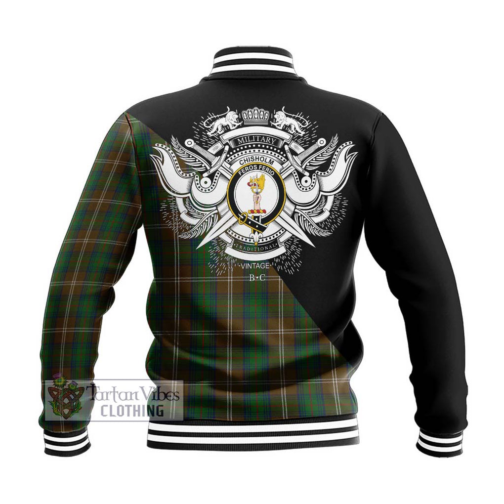 Chisholm Hunting Tartan Baseball Jacket with Family Crest and Military Logo Style - Tartanvibesclothing Shop