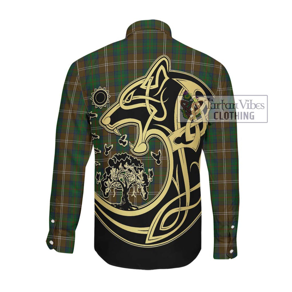 Chisholm Hunting Tartan Long Sleeve Button Shirt with Family Crest Celtic Wolf Style Men's Shirt - Tartan Vibes Clothing