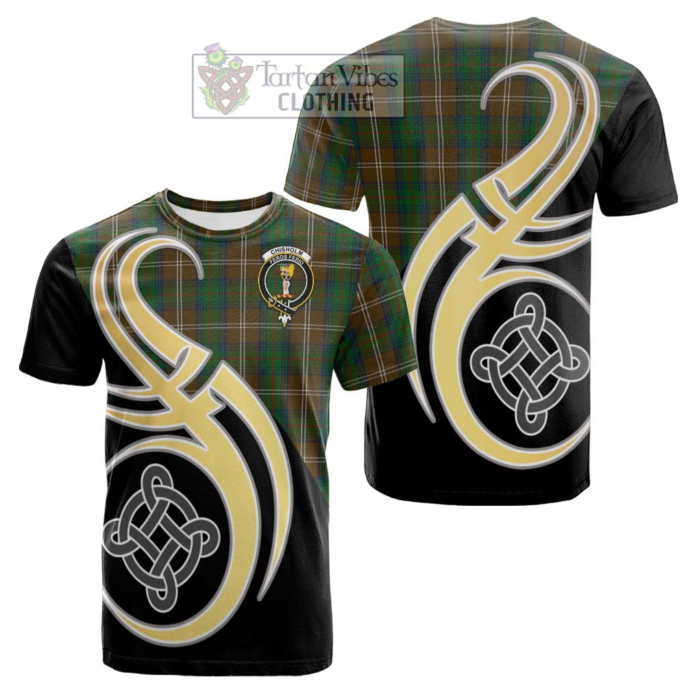 Tartan Vibes Clothing Chisholm Hunting Tartan Cotton T-shirt with Family Crest and Celtic Symbol Style