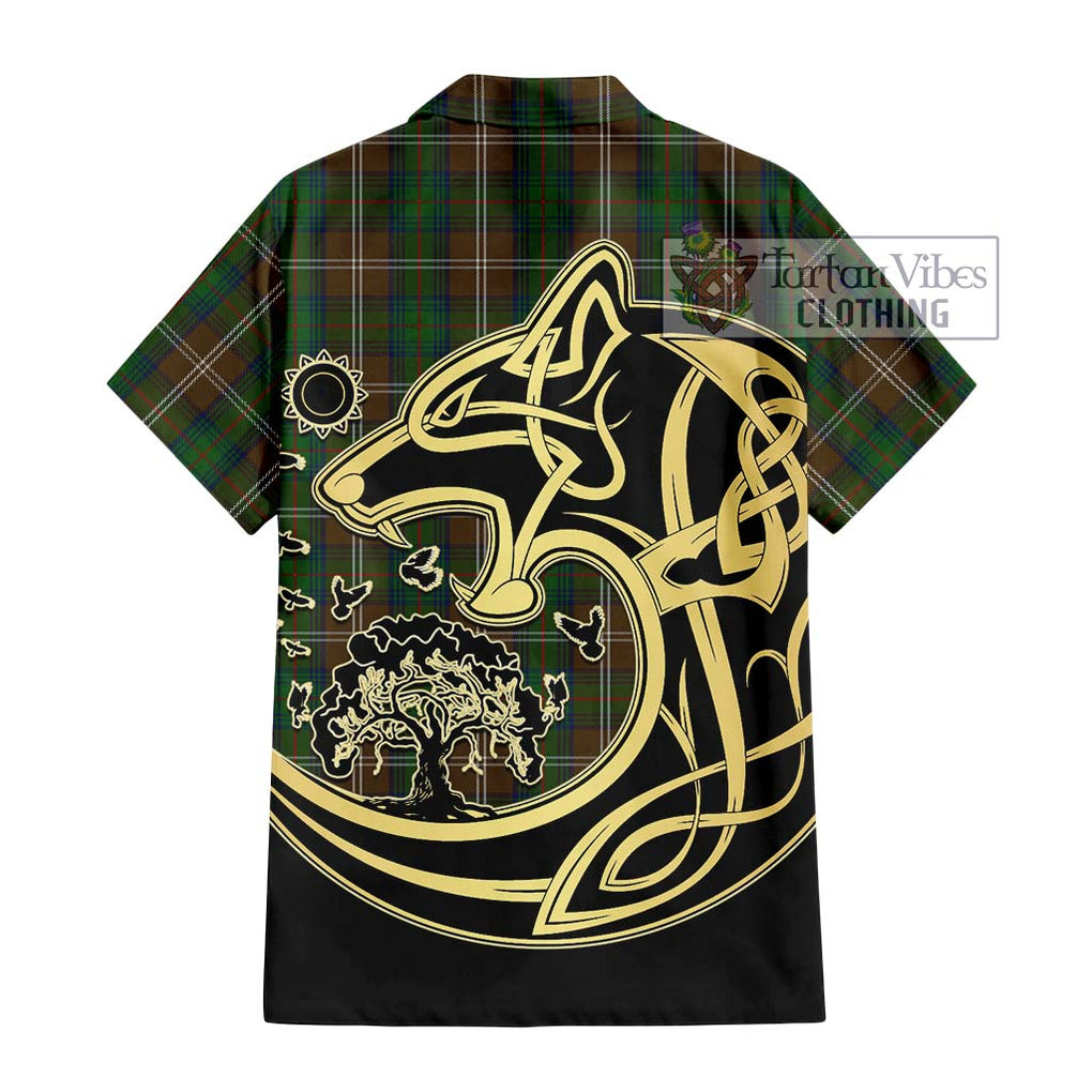 Chisholm Hunting Tartan Short Sleeve Button Shirt with Family Crest Celtic Wolf Style - Tartan Vibes Clothing