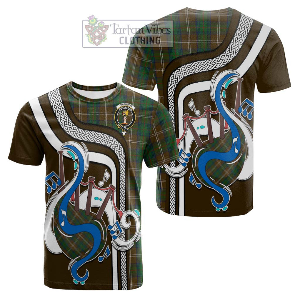 Tartan Vibes Clothing Chisholm Hunting Tartan Cotton T-shirt with Epic Bagpipe Style