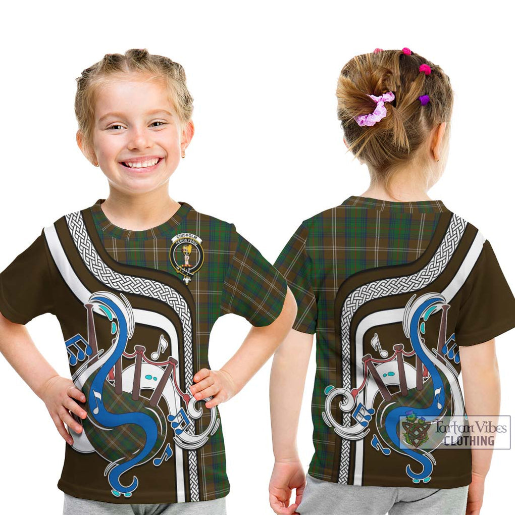 Tartan Vibes Clothing Chisholm Hunting Tartan Kid T-Shirt with Epic Bagpipe Style