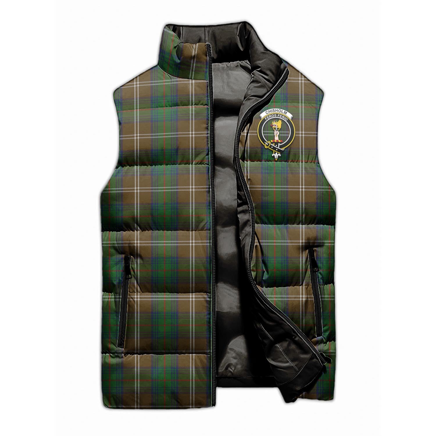 Chisholm Hunting Tartan Sleeveless Puffer Jacket with Family Crest - Tartanvibesclothing