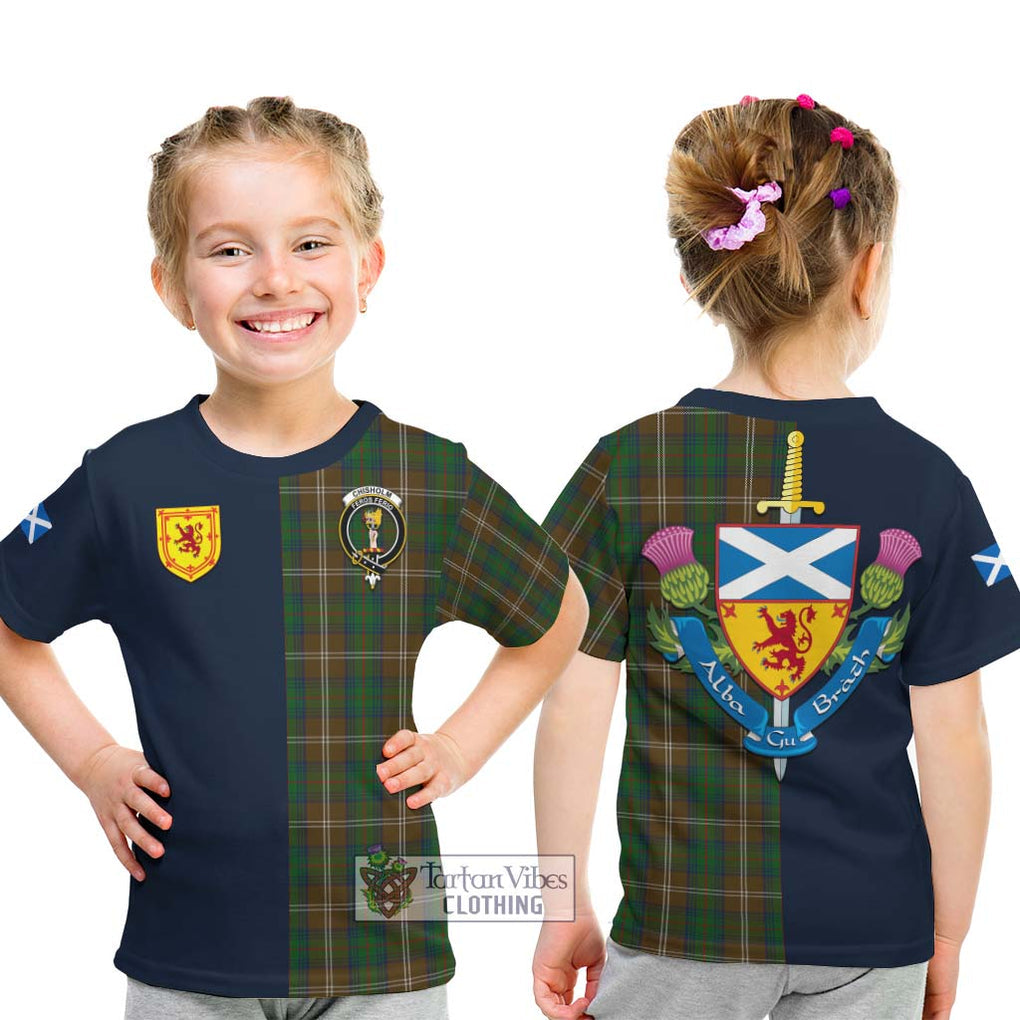 Tartan Vibes Clothing Chisholm Hunting Tartan Kid T-Shirt with Scottish Lion Royal Arm Half Style