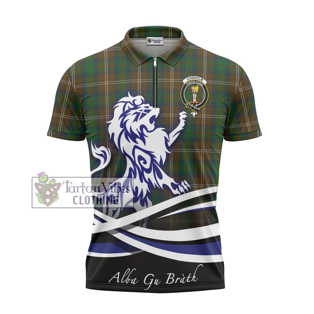 Chisholm Hunting Tartan Zipper Polo Shirt with Alba Gu Brath Regal Lion Emblem - Tartanvibesclothing Shop