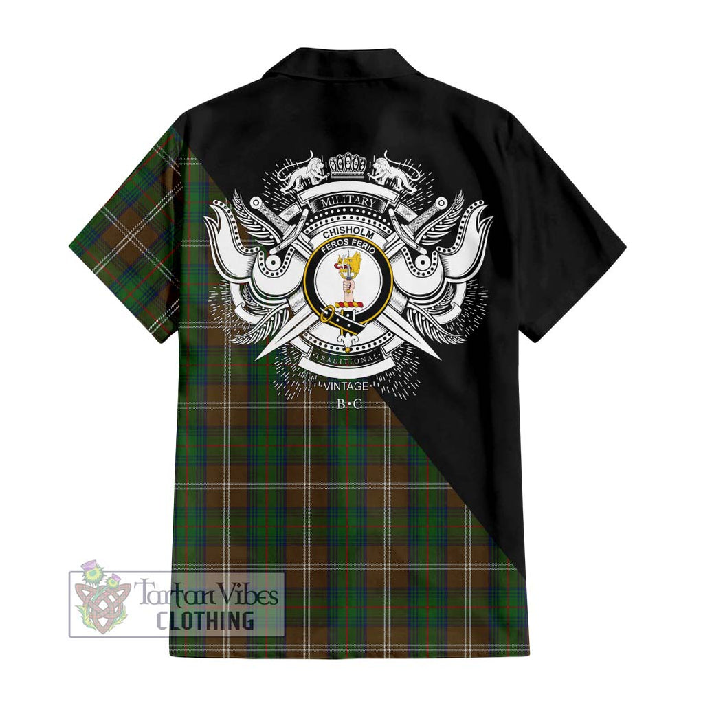 Chisholm Hunting Tartan Short Sleeve Button Shirt with Family Crest and Military Logo Style - Tartanvibesclothing Shop