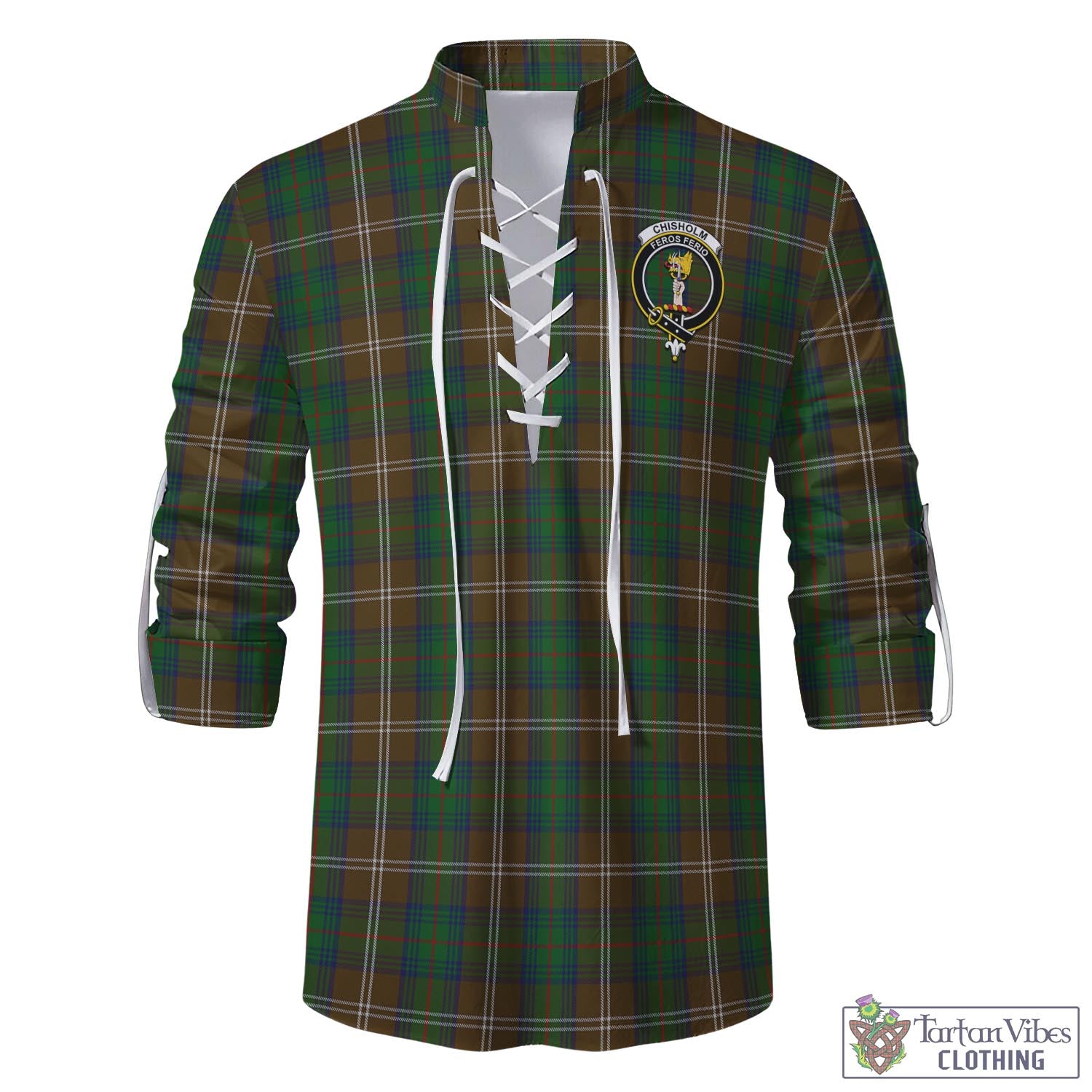 Tartan Vibes Clothing Chisholm Hunting Tartan Men's Scottish Traditional Jacobite Ghillie Kilt Shirt with Family Crest