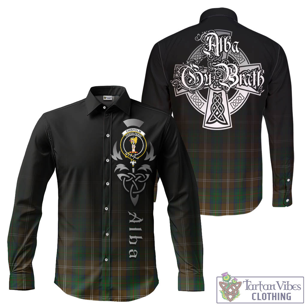 Tartan Vibes Clothing Chisholm Hunting Tartan Long Sleeve Button Up Featuring Alba Gu Brath Family Crest Celtic Inspired