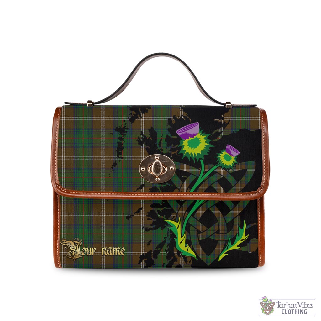 Tartan Vibes Clothing Chisholm Hunting Tartan Waterproof Canvas Bag with Scotland Map and Thistle Celtic Accents