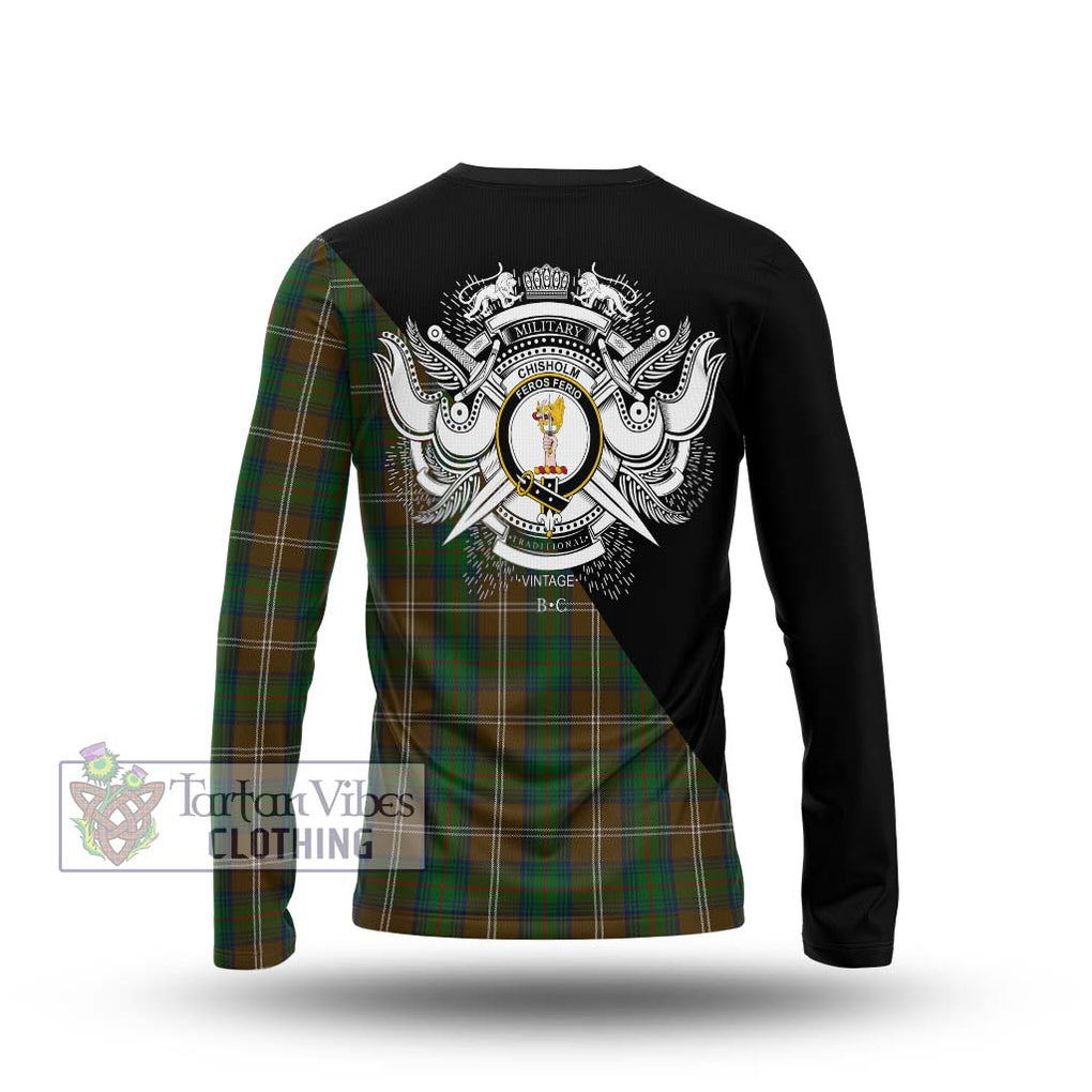 Chisholm Hunting Tartan Long Sleeve T-Shirt with Family Crest and Military Logo Style - Tartanvibesclothing Shop