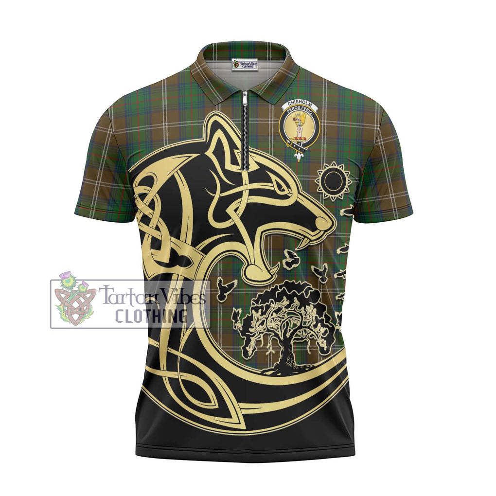 Chisholm Hunting Tartan Zipper Polo Shirt with Family Crest Celtic Wolf Style - Tartanvibesclothing Shop