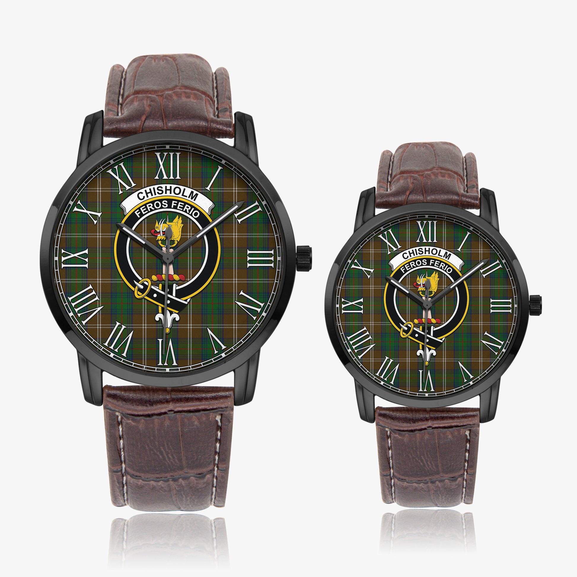 Chisholm Hunting Tartan Family Crest Leather Strap Quartz Watch - Tartanvibesclothing