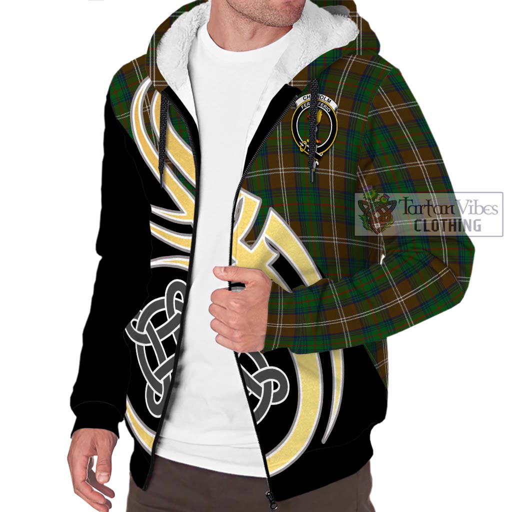 Chisholm Hunting Tartan Sherpa Hoodie with Family Crest and Celtic Symbol Style - Tartan Vibes Clothing