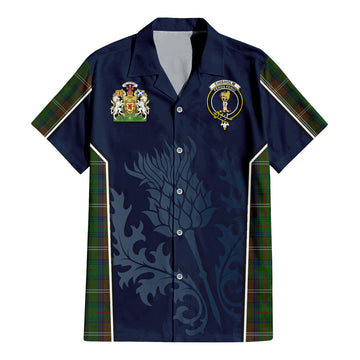 Chisholm Hunting Tartan Short Sleeve Button Up Shirt with Family Crest and Scottish Thistle Vibes Sport Style