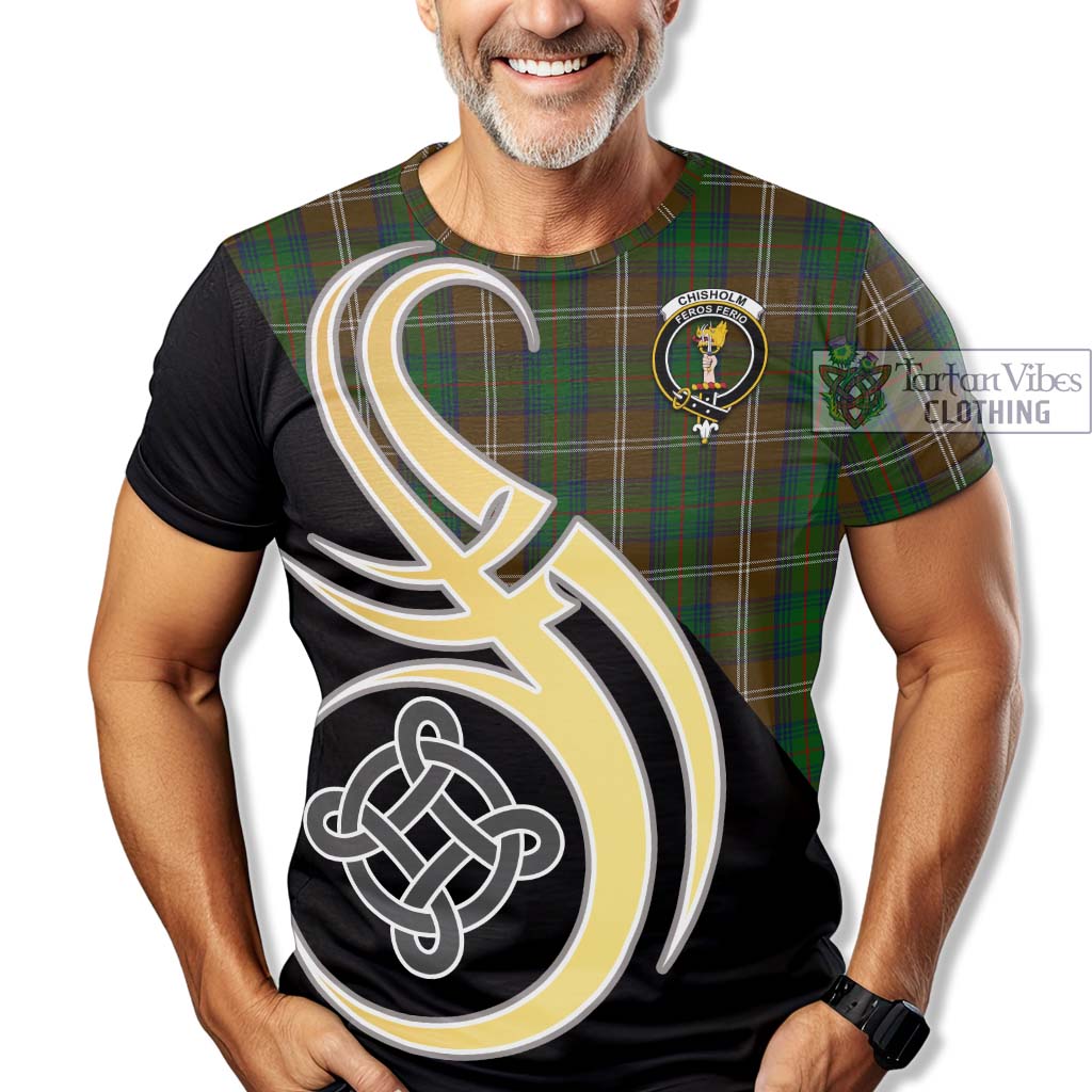 Tartan Vibes Clothing Chisholm Hunting Tartan T-Shirt with Family Crest and Celtic Symbol Style