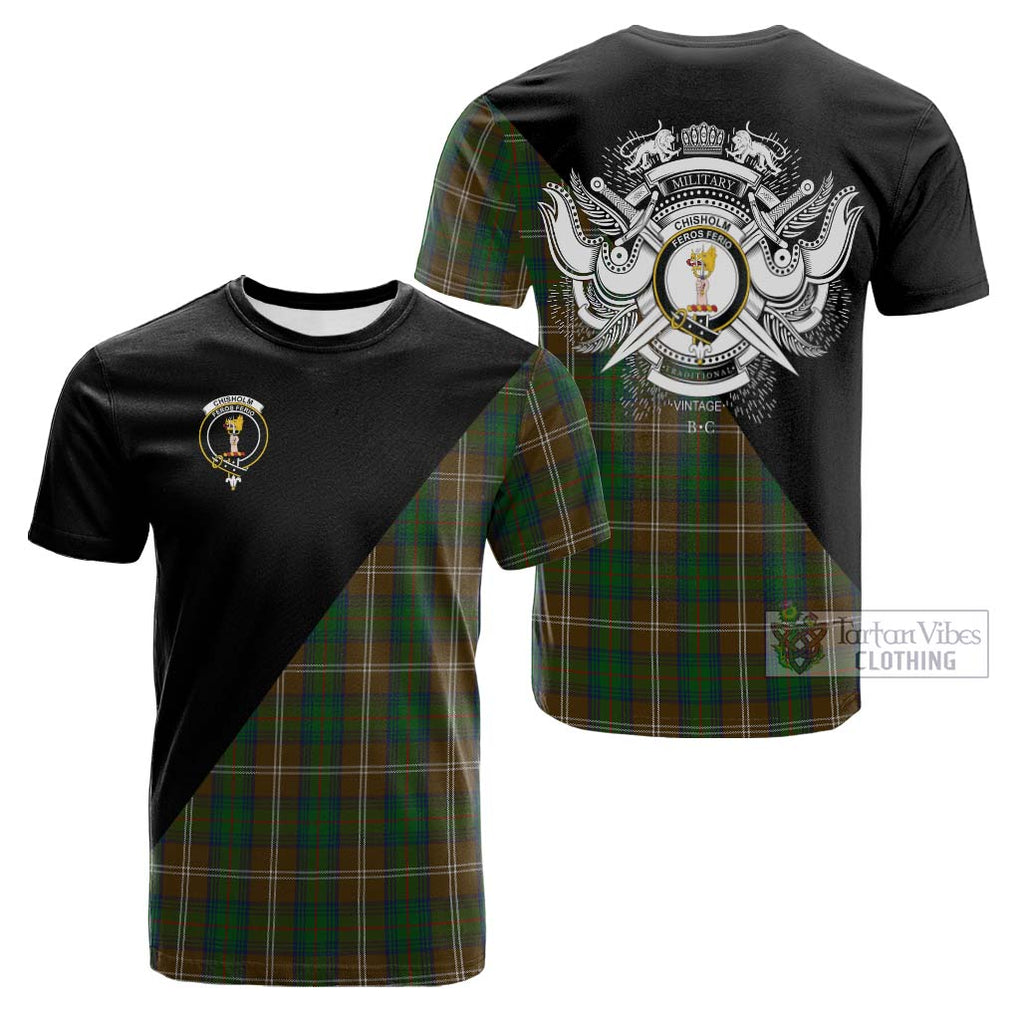 Tartan Vibes Clothing Chisholm Hunting Tartan Cotton T-shirt with Family Crest and Military Logo Style