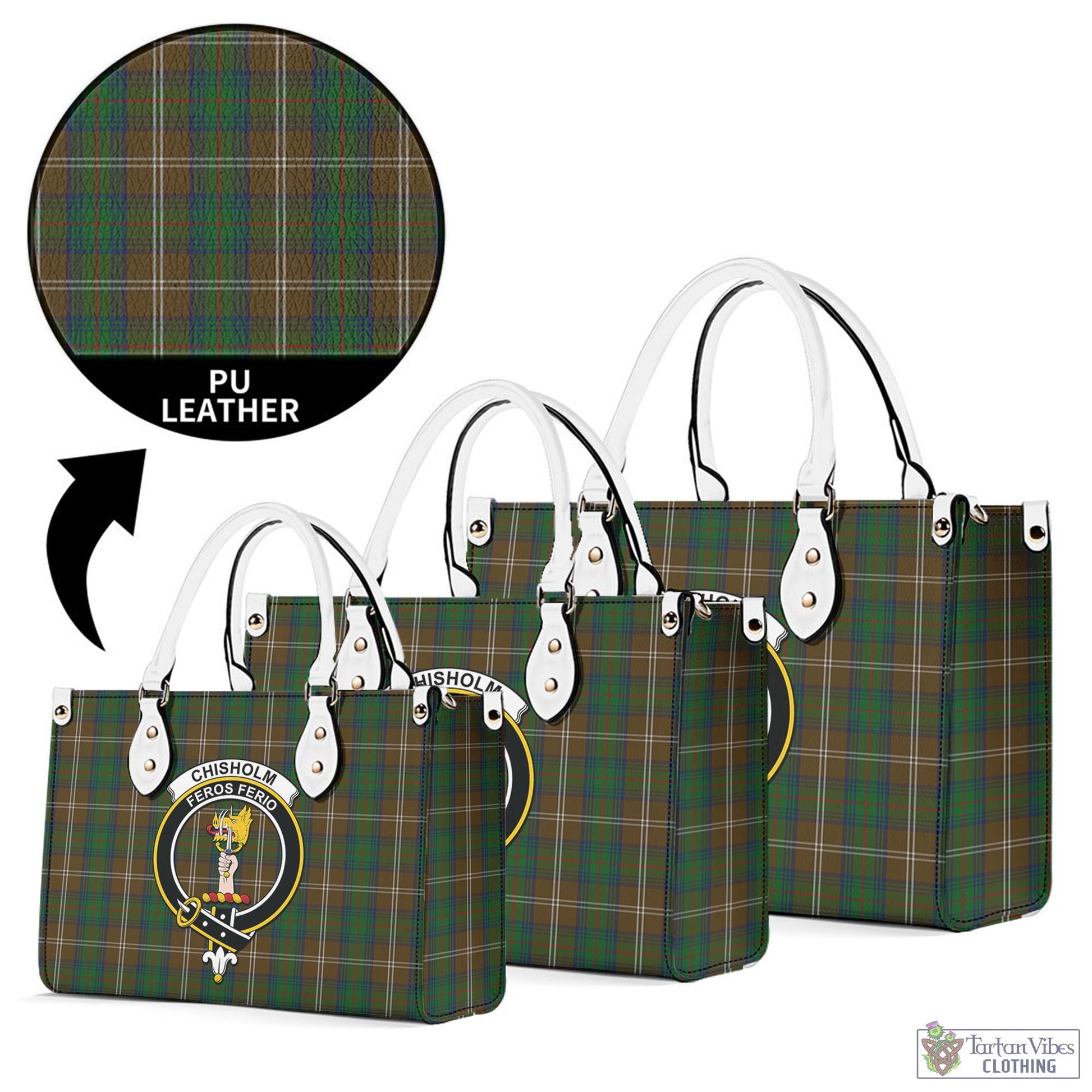 Tartan Vibes Clothing Chisholm Hunting Tartan Luxury Leather Handbags with Family Crest