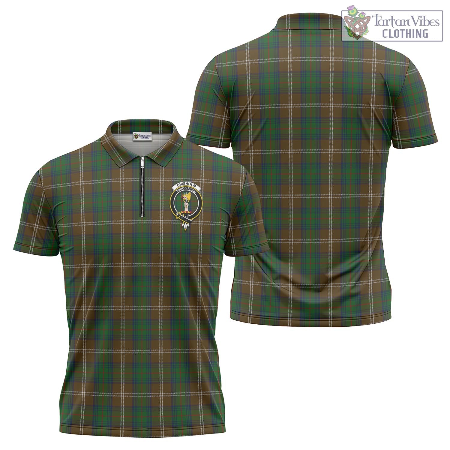 Tartan Vibes Clothing Chisholm Hunting Tartan Zipper Polo Shirt with Family Crest