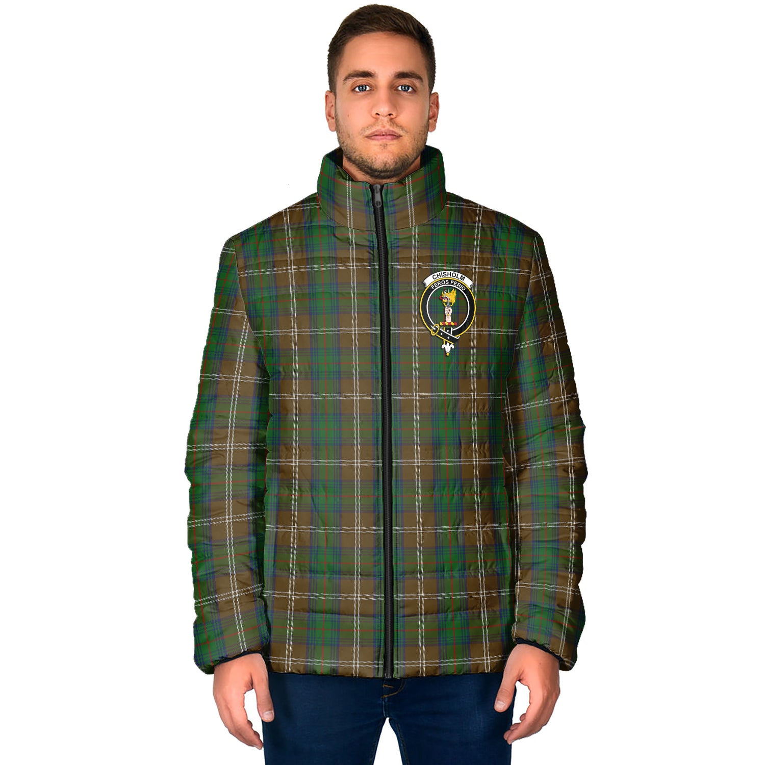 Chisholm Hunting Tartan Padded Jacket with Family Crest - Tartan Vibes Clothing