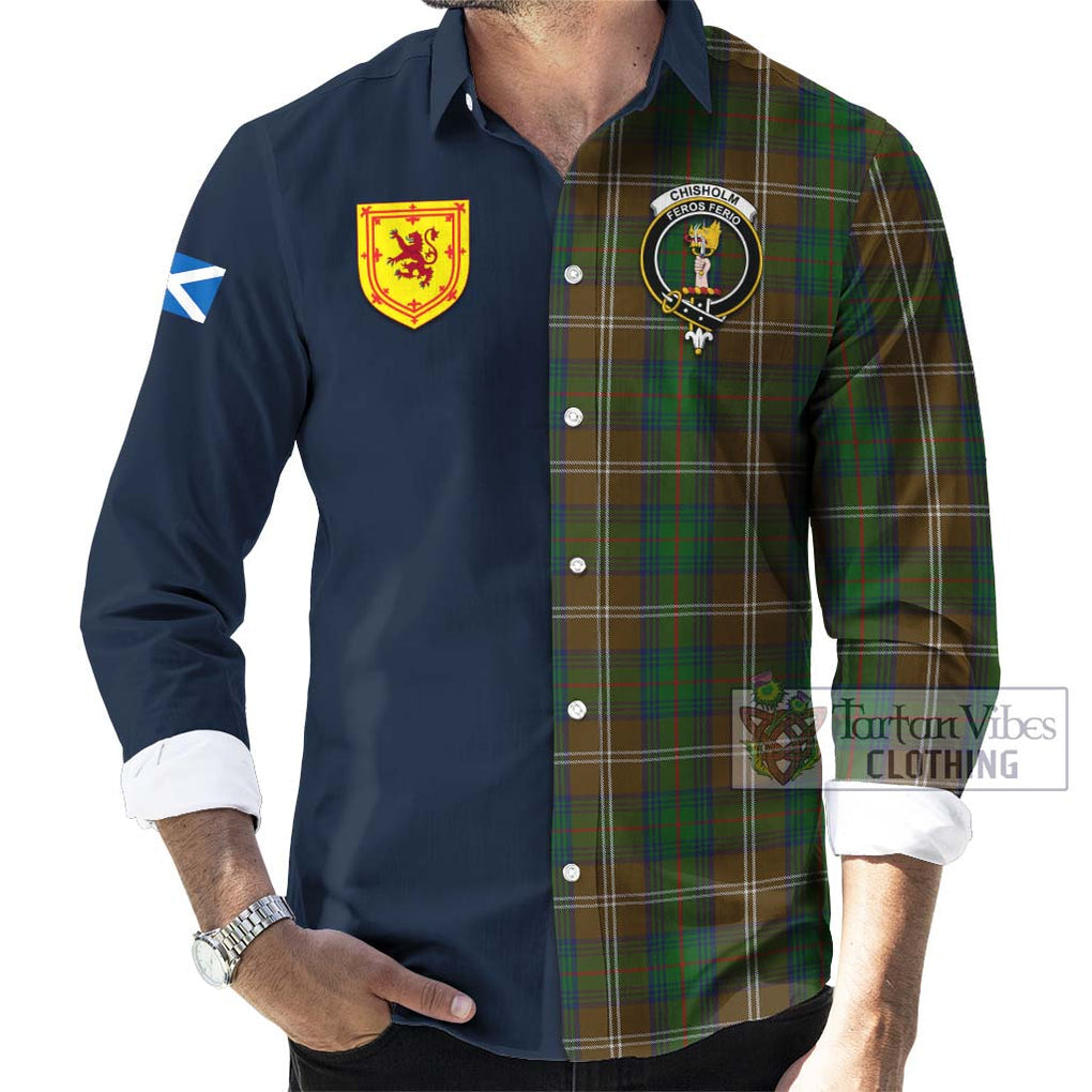 Tartan Vibes Clothing Chisholm Hunting Tartan Long Sleeve Button Shirt with Scottish Lion Royal Arm Half Style